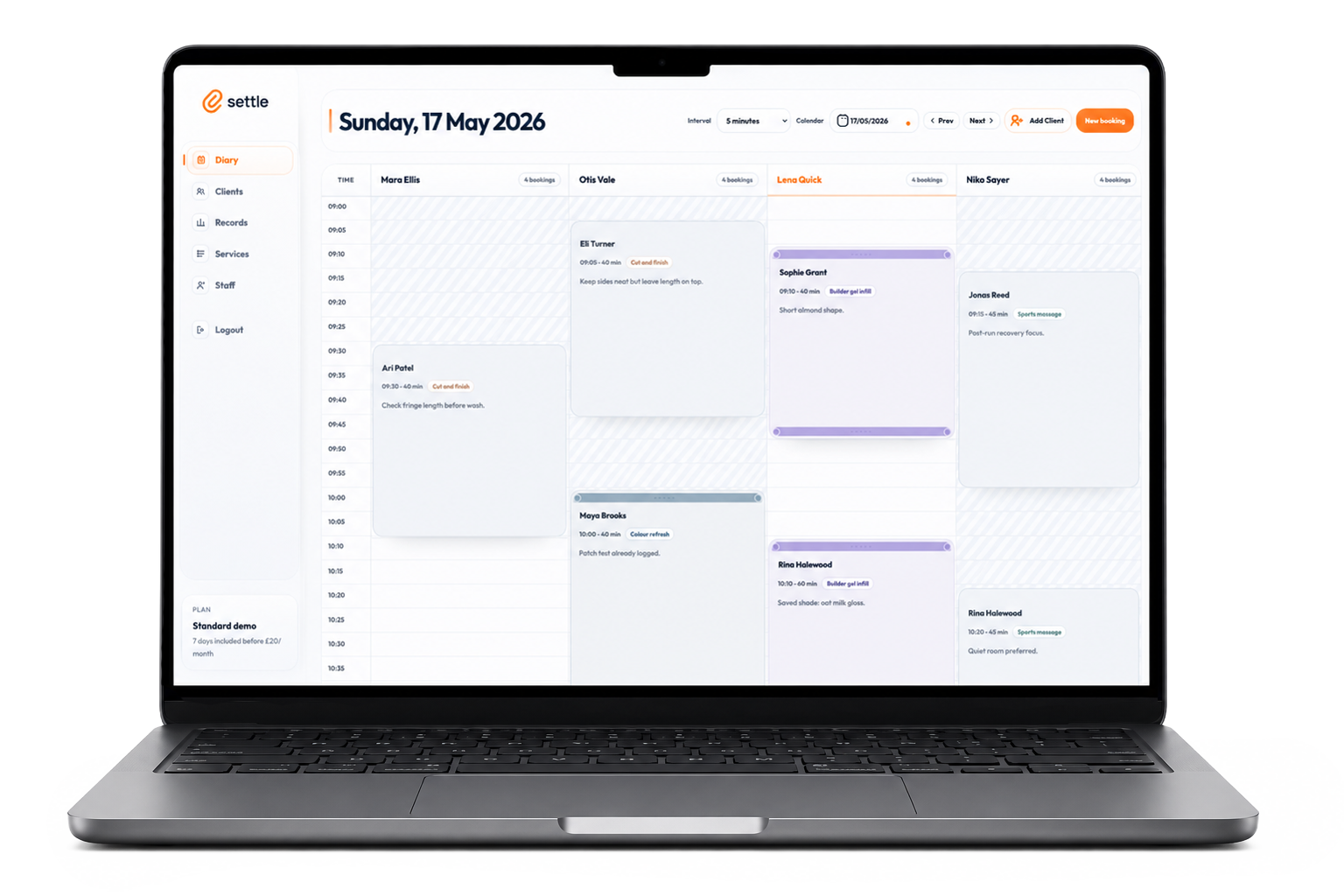 Settle diary shown on a laptop screen